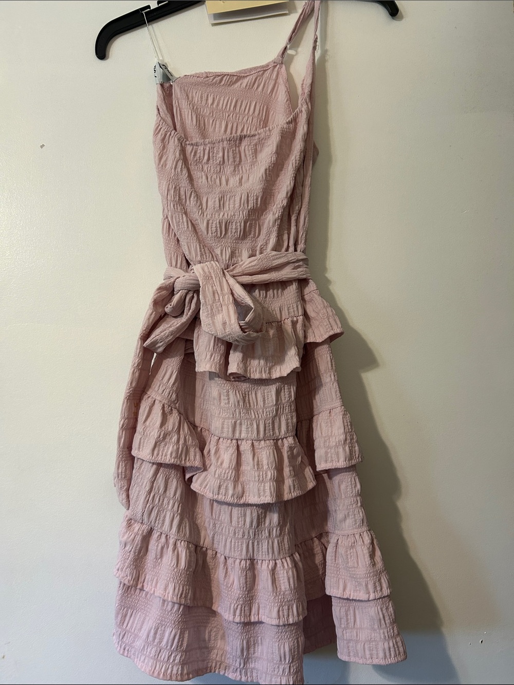 One-Shoulder Ruffle Tiered Dress in Light Pink